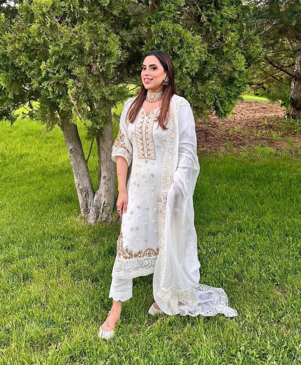 Designer Georgette Embroidered Suit – Sequins Work Top, Pant & Dupatta