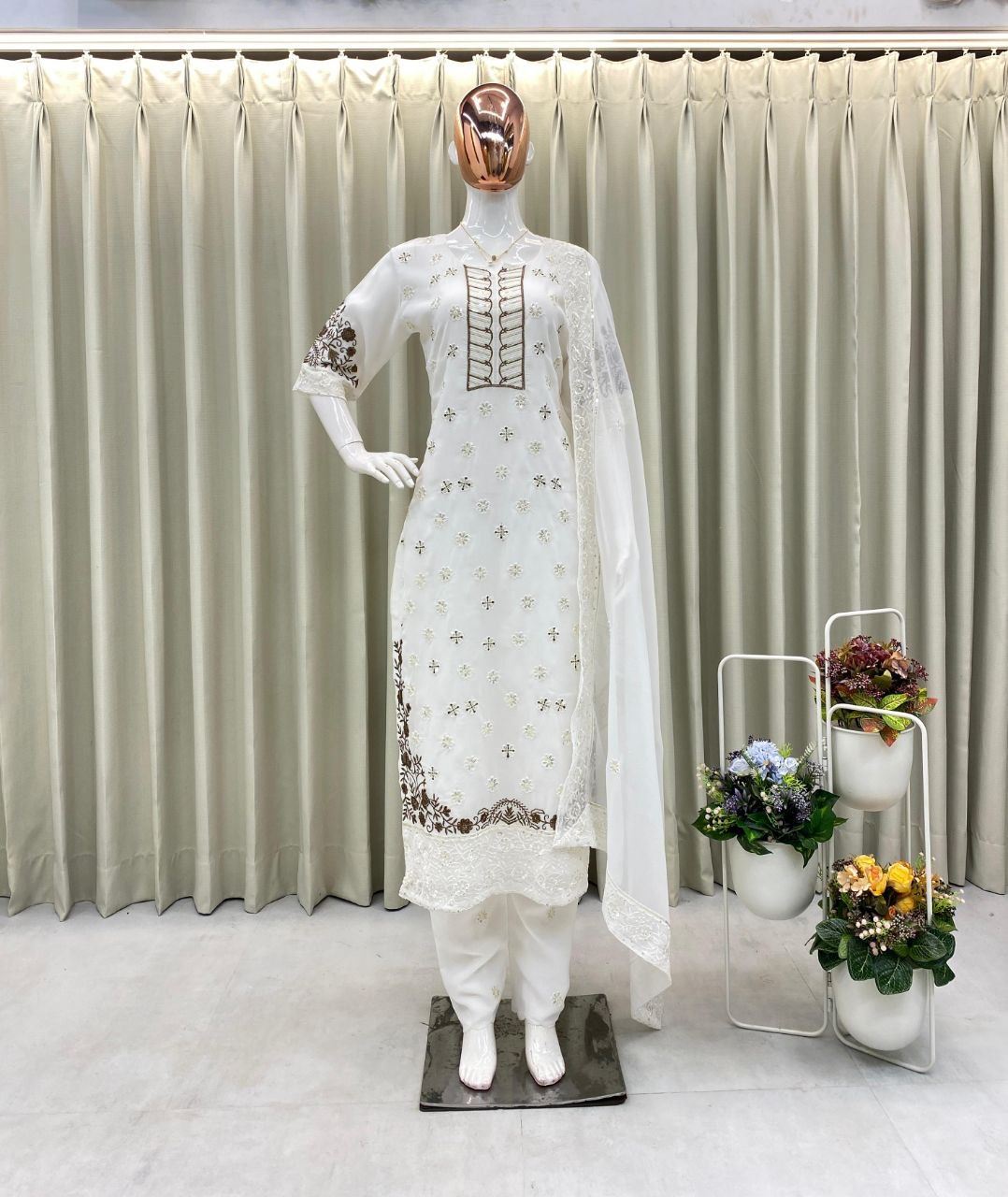 Designer Georgette Embroidered Suit – Sequins Work Top, Pant & Dupatta