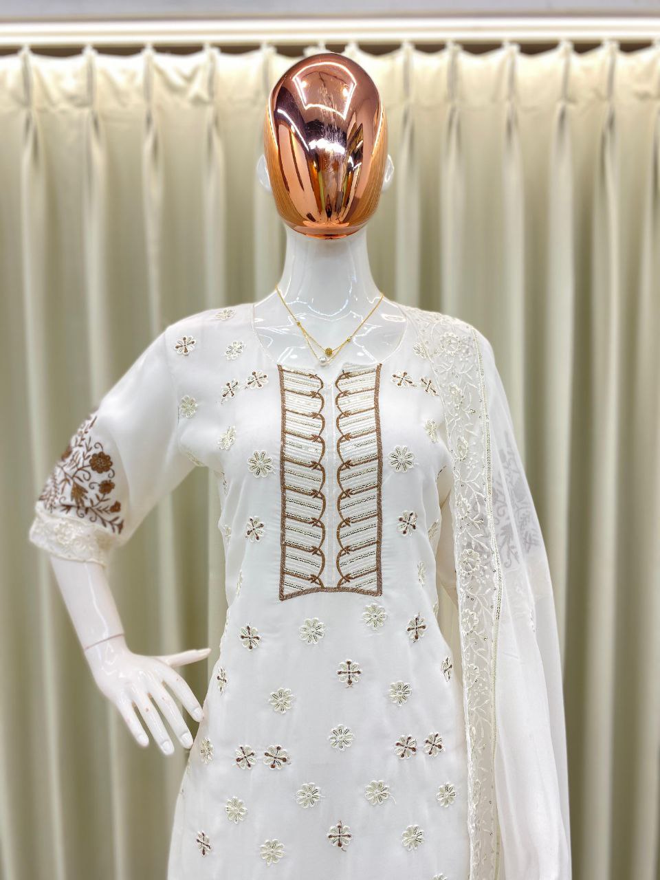 Designer Georgette Embroidered Suit – Sequins Work Top, Pant & Dupatta