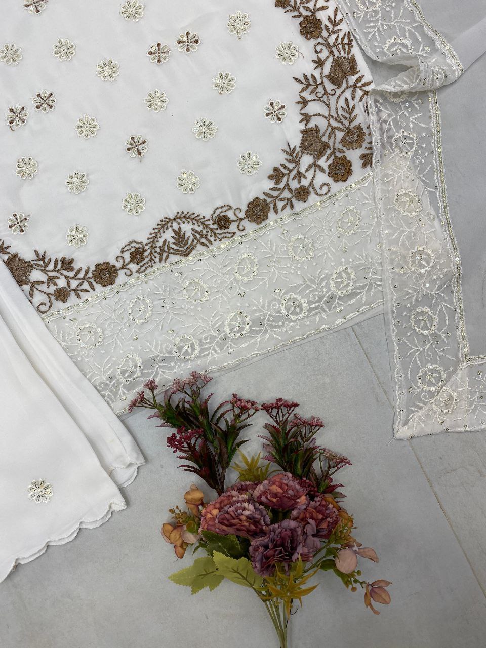 Designer Georgette Embroidered Suit – Sequins Work Top, Pant & Dupatta