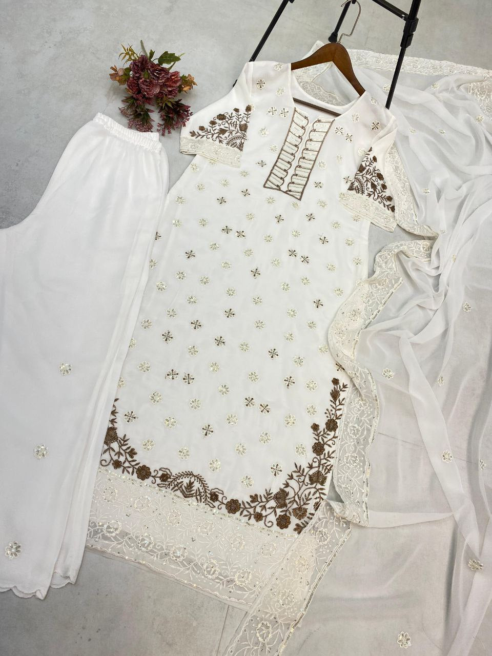 Designer Georgette Embroidered Suit – Sequins Work Top, Pant & Dupatta
