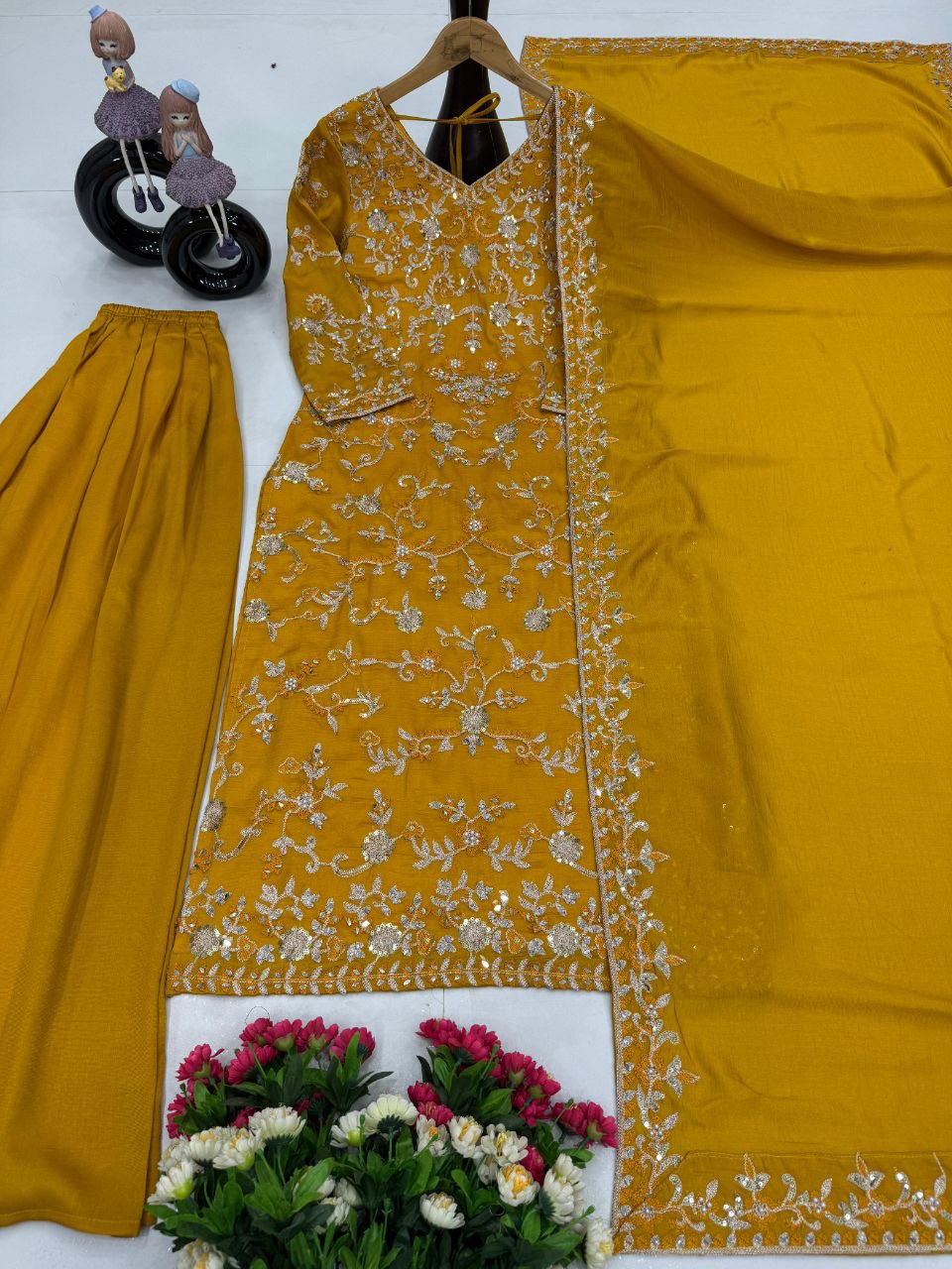 Pakistani Vichitra Silk Sharara Set with Embroidered Mirror Work Dupatta
