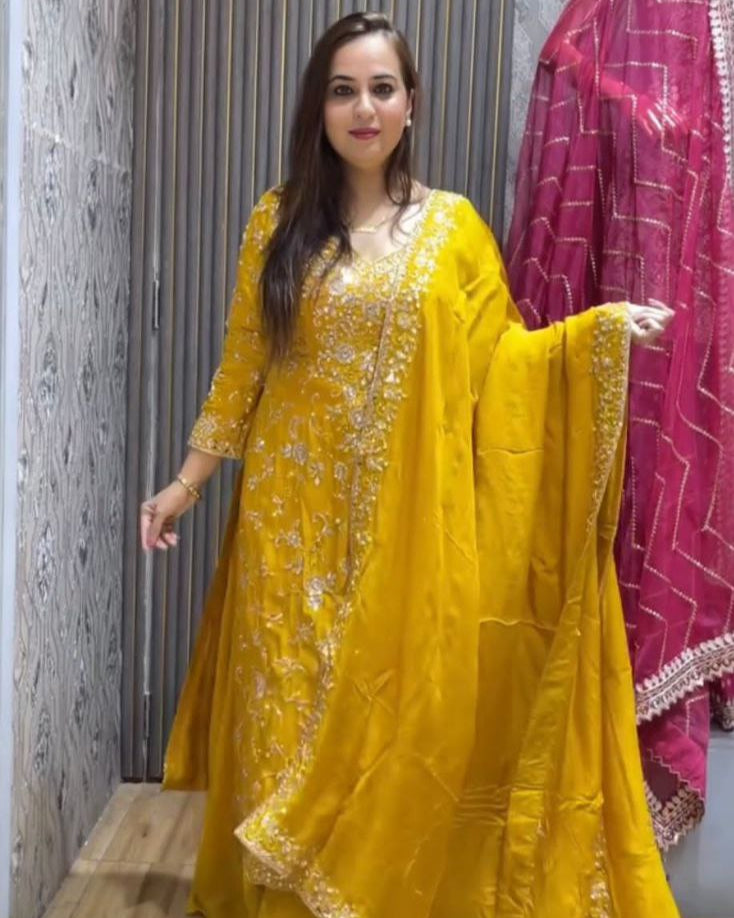 Pakistani Vichitra Silk Sharara Set with Embroidered Mirror Work Dupatta