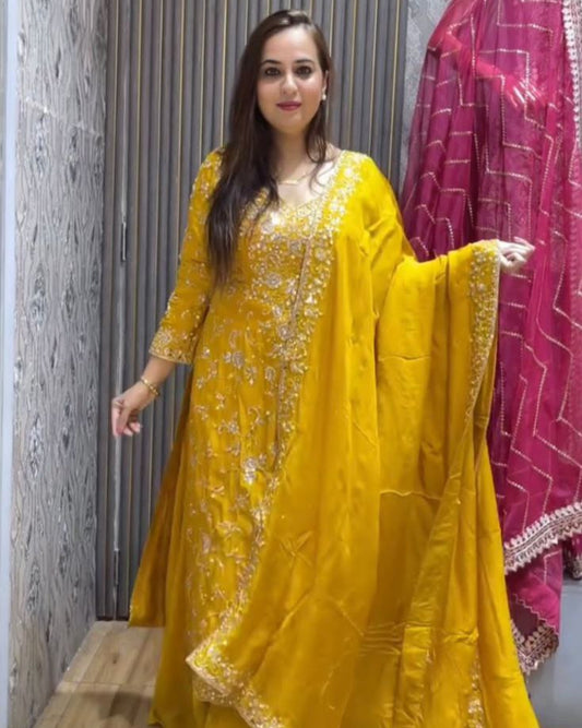Pakistani Vichitra Silk Sharara Set with Embroidered Mirror Work Dupatta