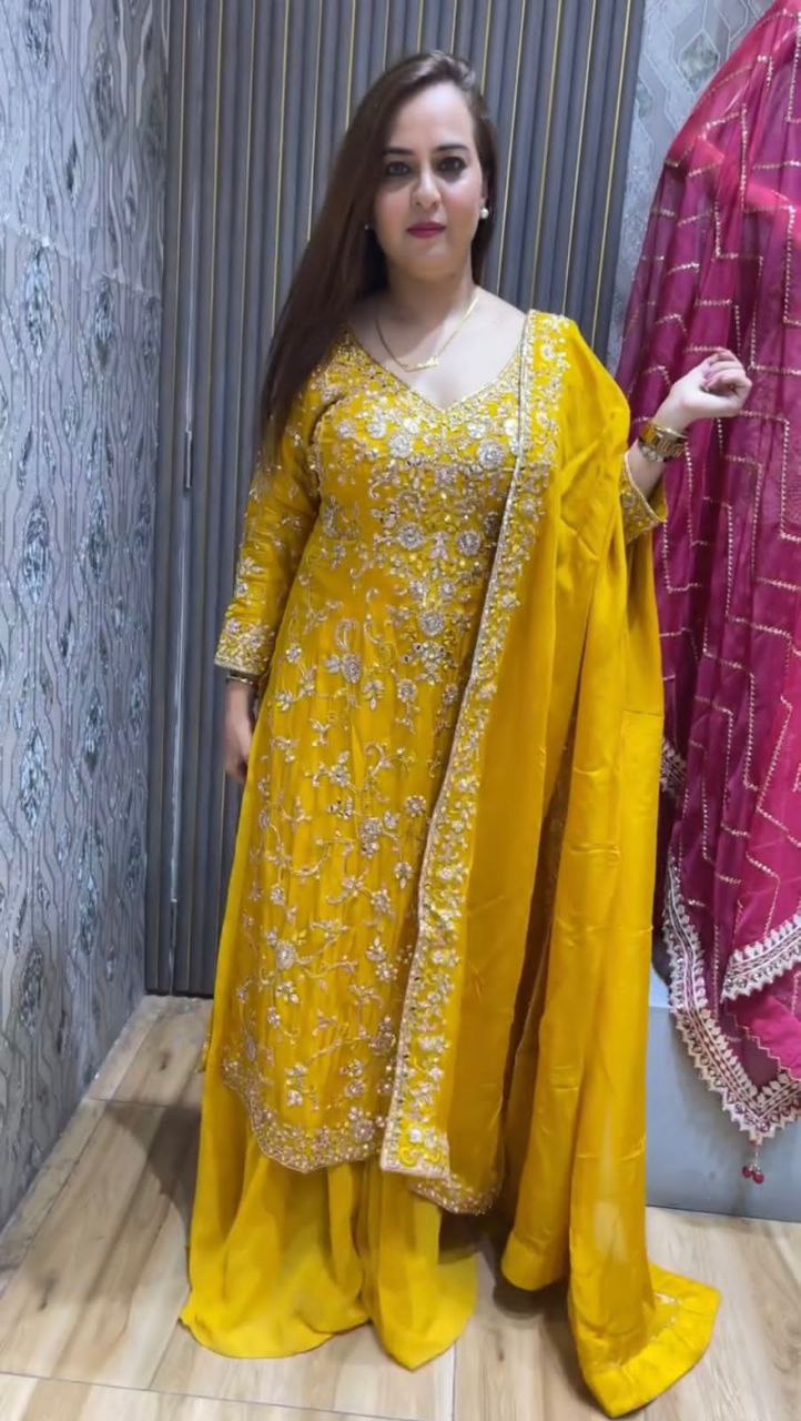 Pakistani Vichitra Silk Sharara Set with Embroidered Mirror Work Dupatta