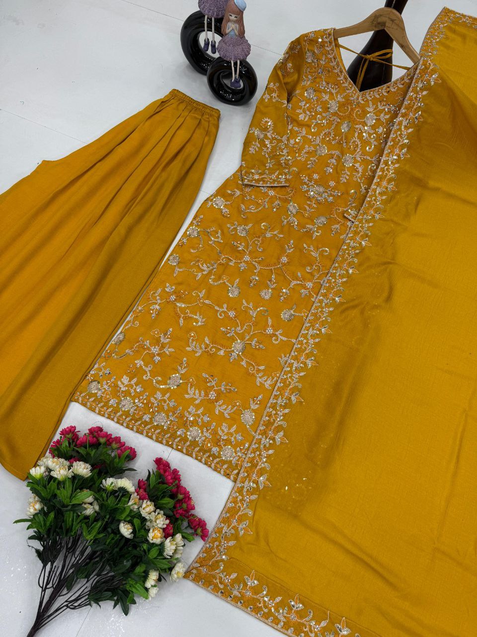 Pakistani Vichitra Silk Sharara Set with Embroidered Mirror Work Dupatta