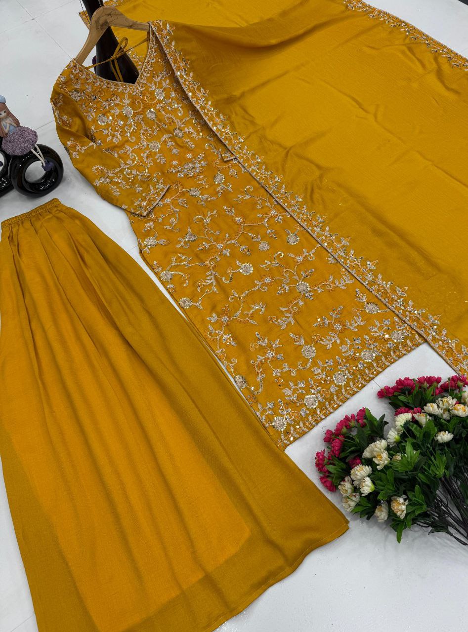 Pakistani Vichitra Silk Sharara Set with Embroidered Mirror Work Dupatta