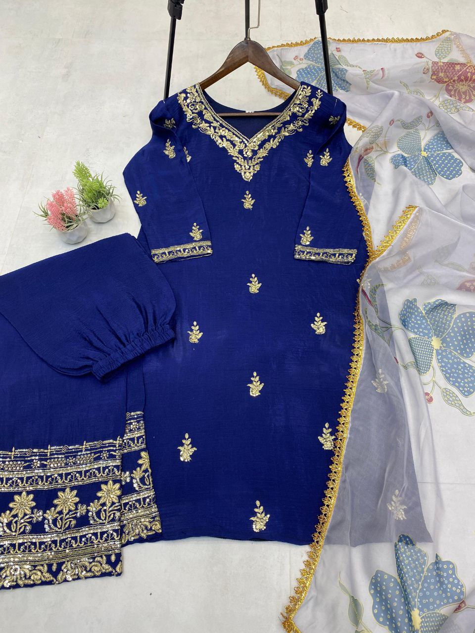 Designer Chinon Suit with Embroidered Pant & Printed Organza Dupatta