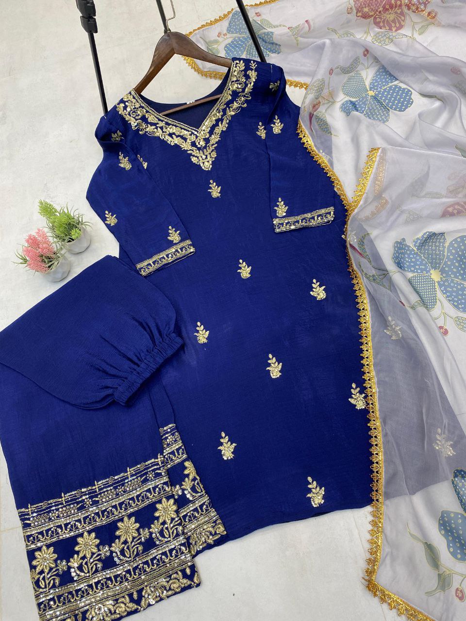 Designer Chinon Suit with Embroidered Pant & Printed Organza Dupatta