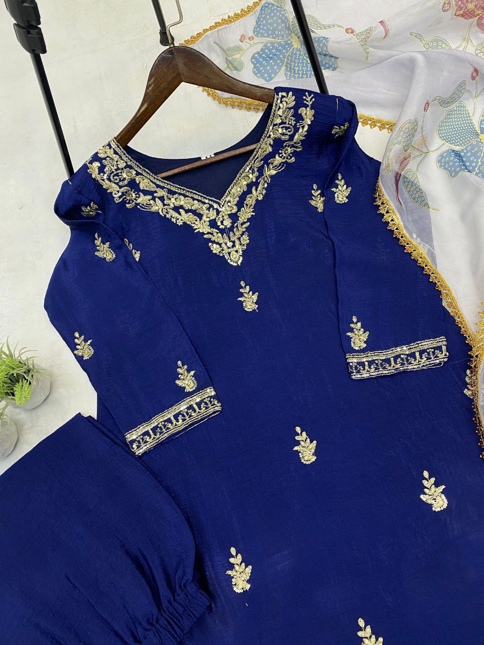 Designer Chinon Suit with Embroidered Pant & Printed Organza Dupatta