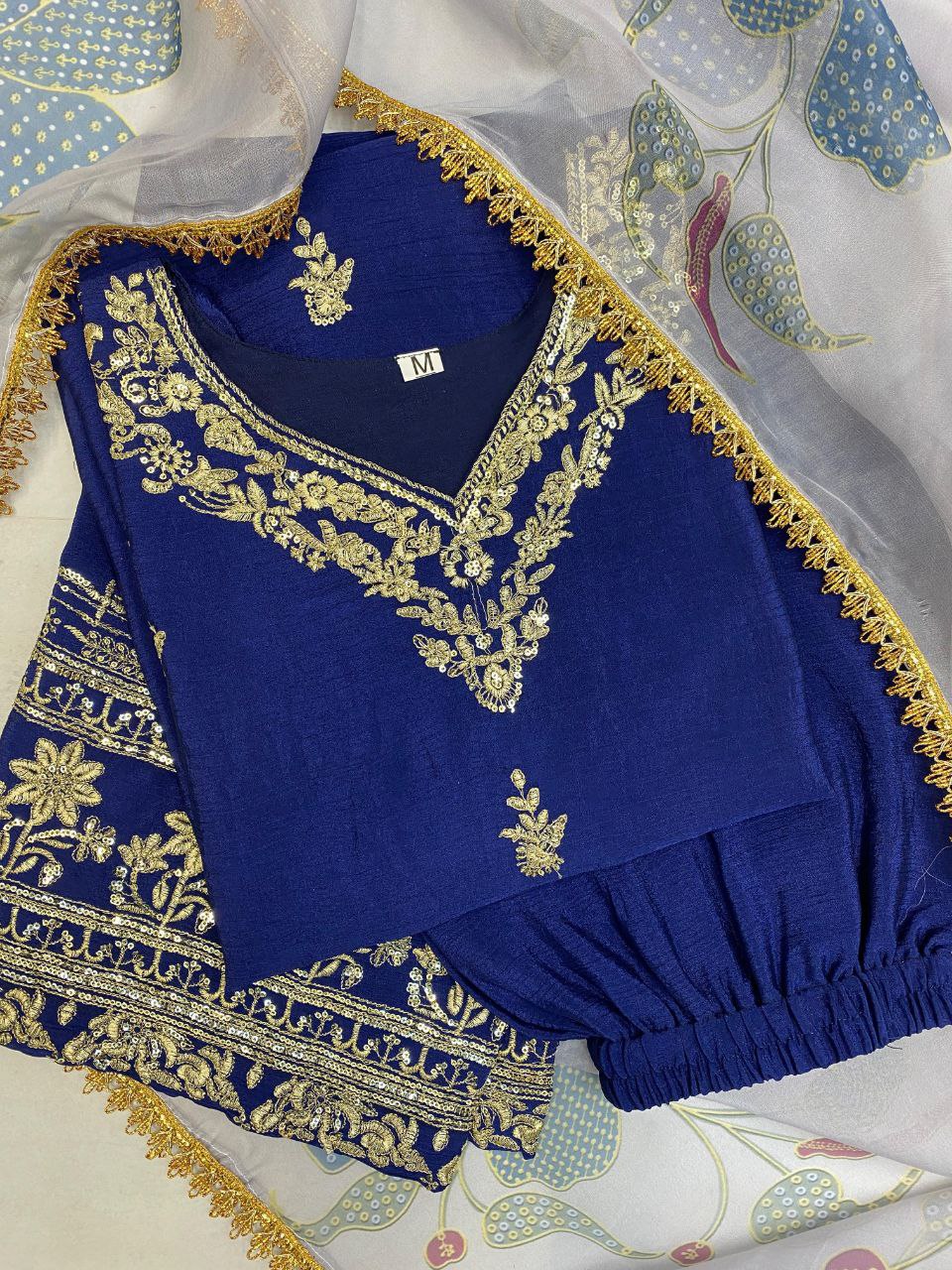 Designer Chinon Suit with Embroidered Pant & Printed Organza Dupatta