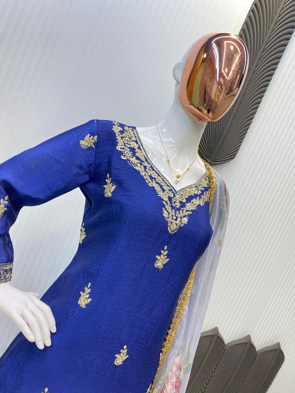 Designer Chinon Suit with Embroidered Pant & Printed Organza Dupatta