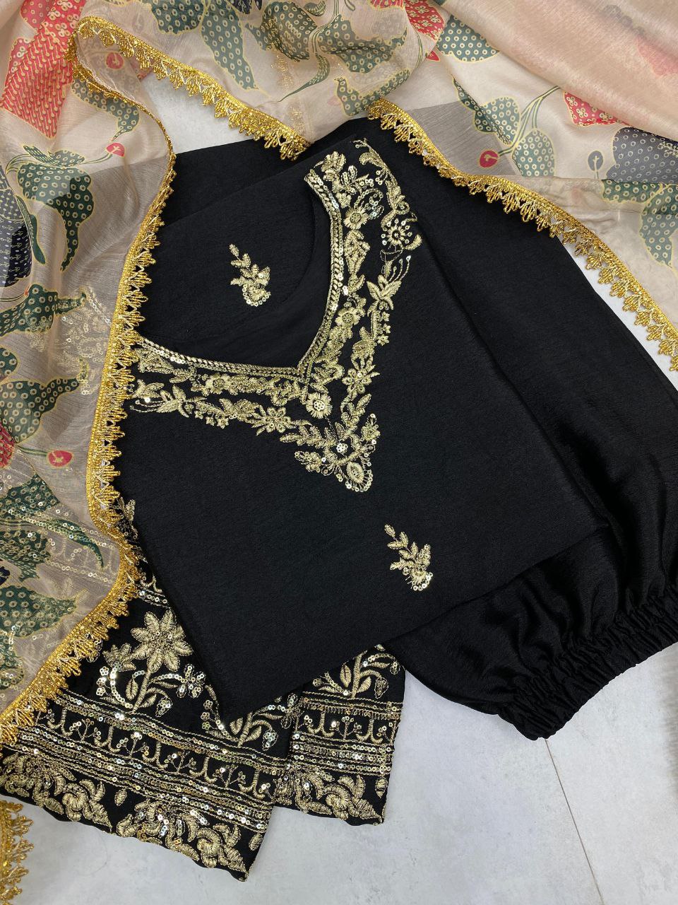 Designer Chinon Suit with Embroidered Pant & Printed Organza Dupatta