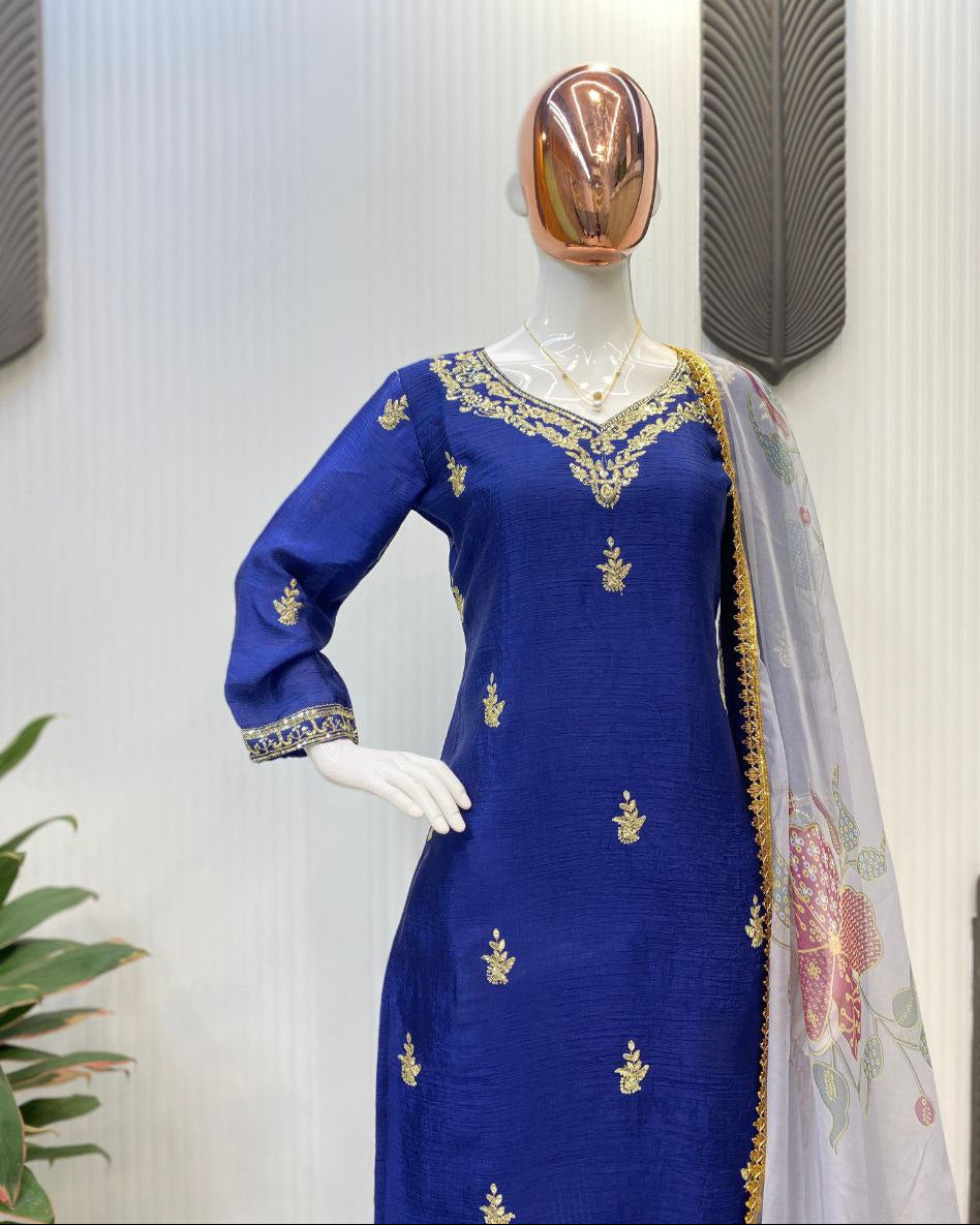 Designer Chinon Suit with Embroidered Pant & Printed Organza Dupatta
