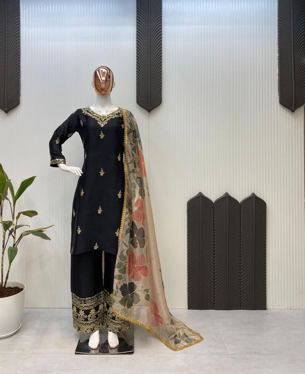 Designer Chinon Suit with Embroidered Pant & Printed Organza Dupatta