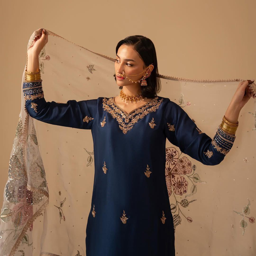 Designer Chinon Suit with Embroidered Pant & Printed Organza Dupatta