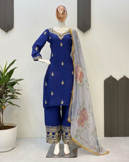 Designer Chinon Suit with Embroidered Pant & Printed Organza Dupatta