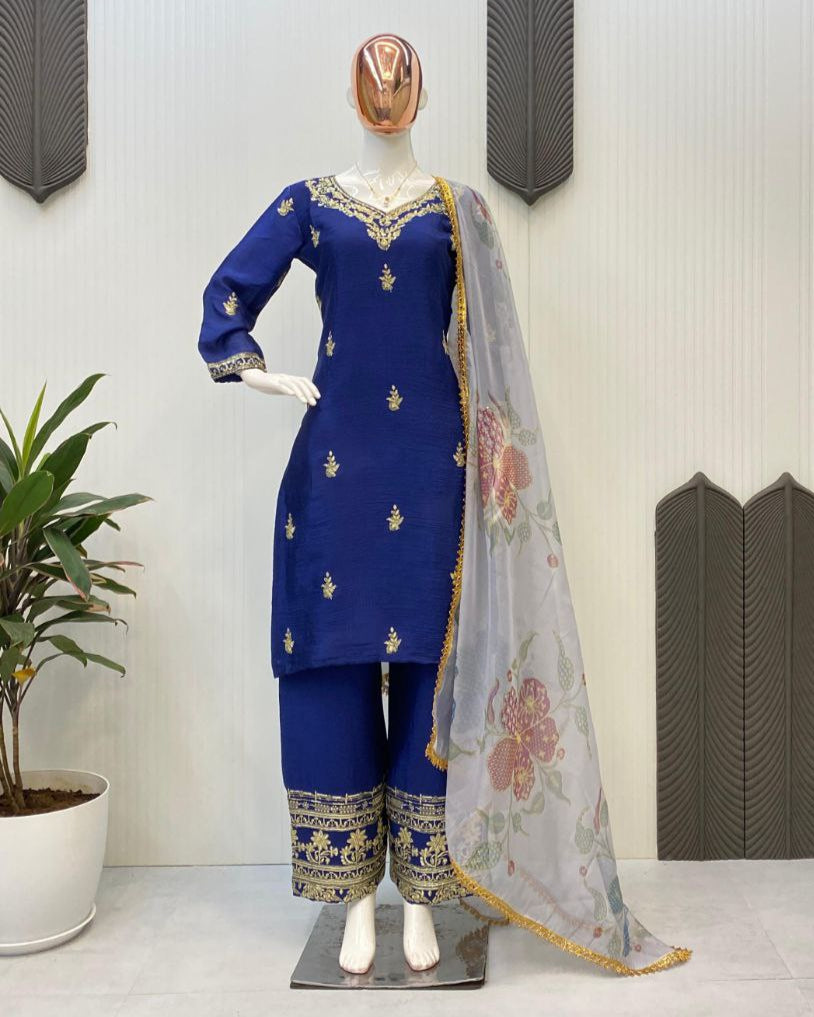 Designer Chinon Suit with Embroidered Pant & Printed Organza Dupatta