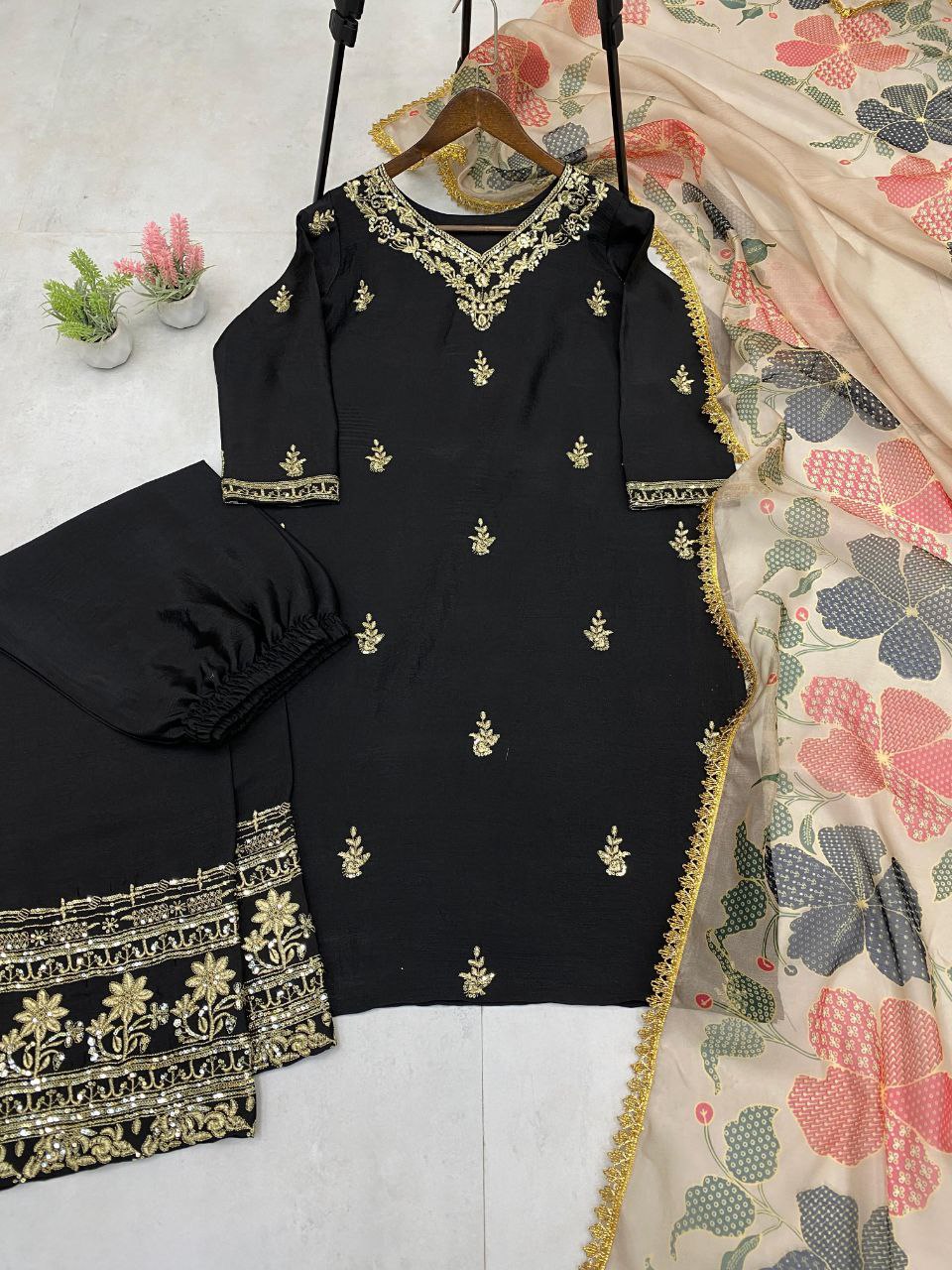 Designer Chinon Suit with Embroidered Pant & Printed Organza Dupatta