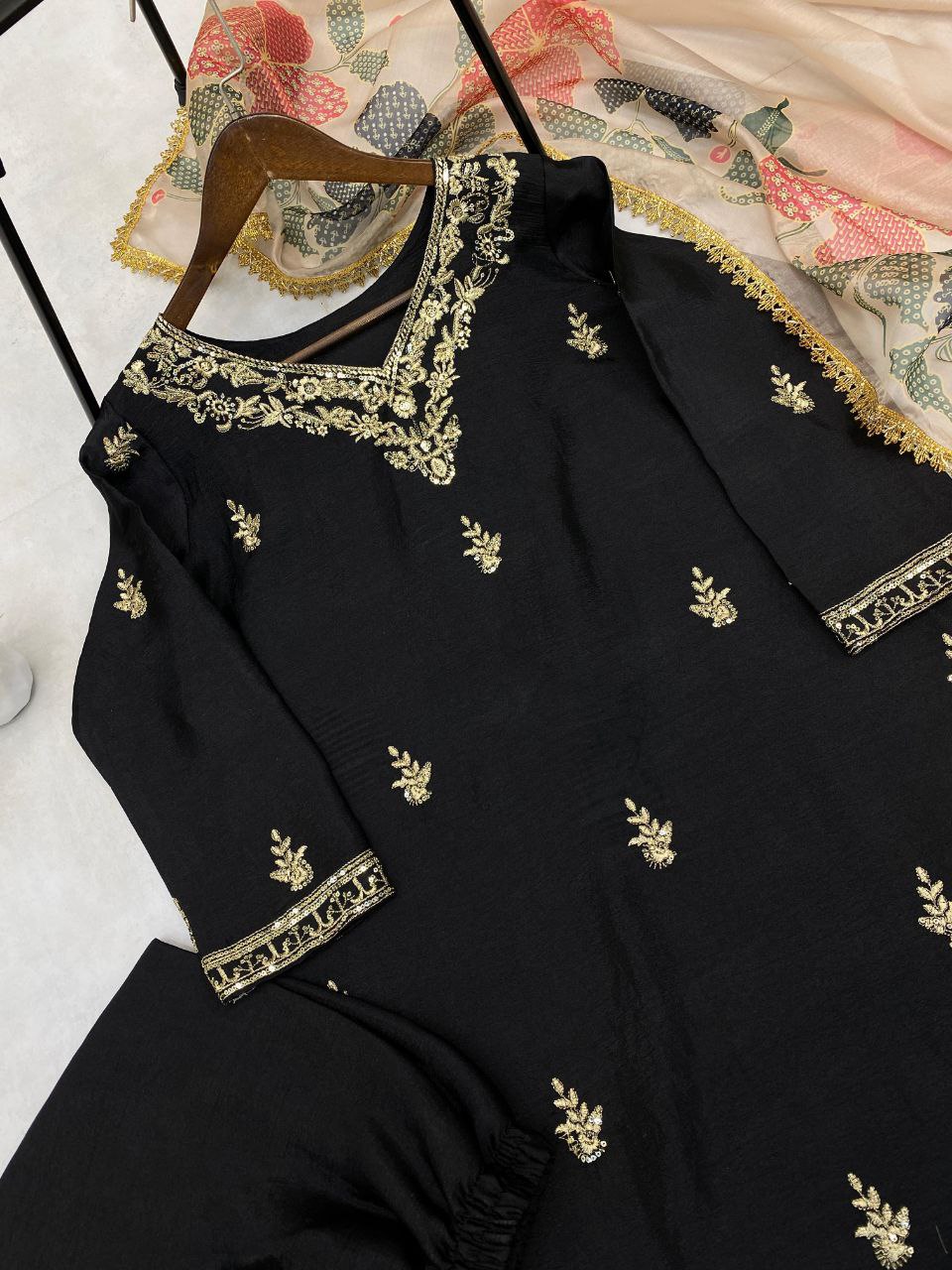 Designer Chinon Suit with Embroidered Pant & Printed Organza Dupatta