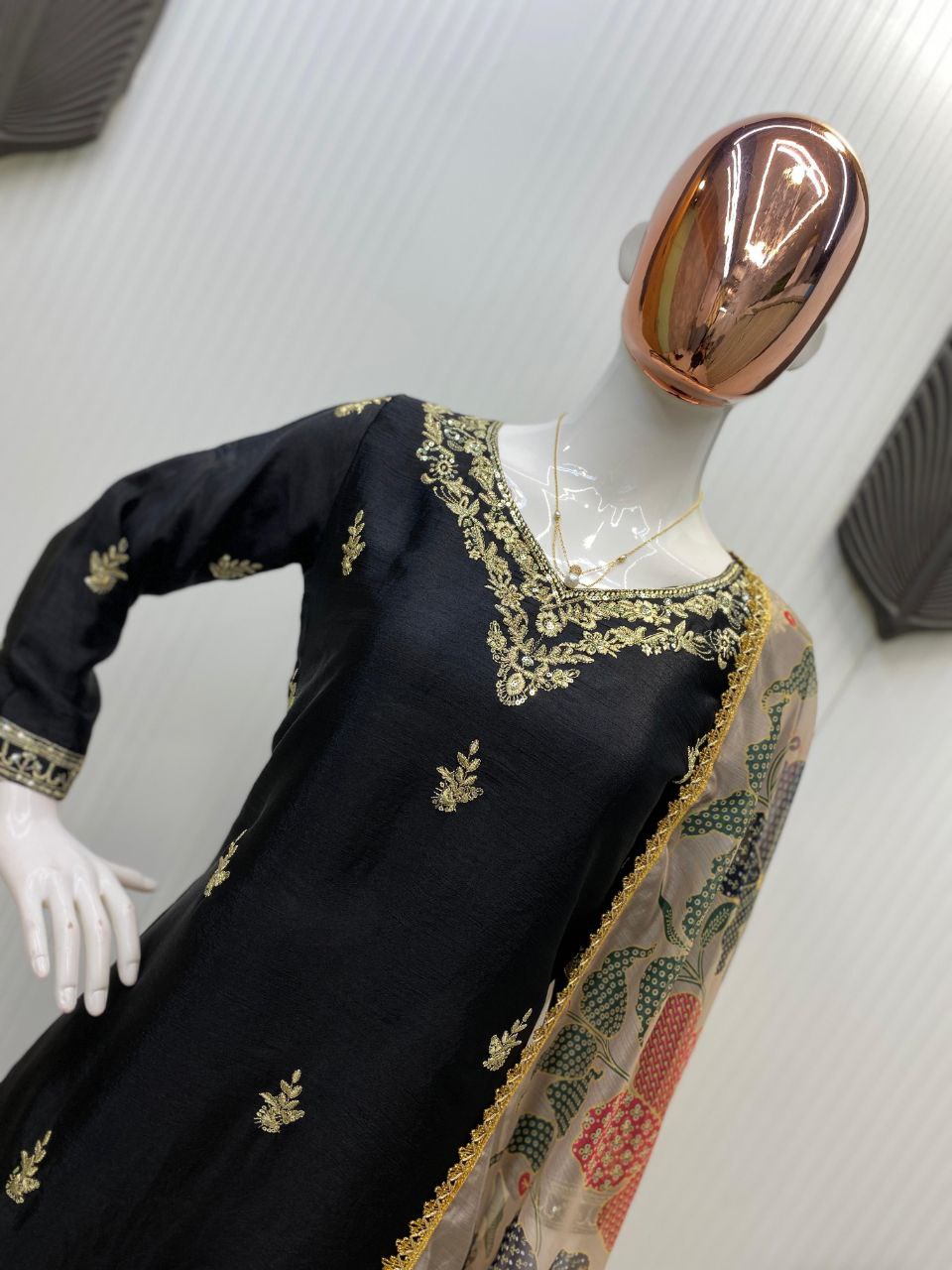 Designer Chinon Suit with Embroidered Pant & Printed Organza Dupatta