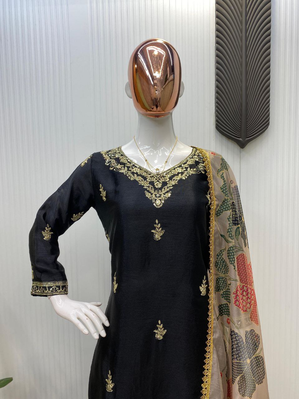 Designer Chinon Suit with Embroidered Pant & Printed Organza Dupatta