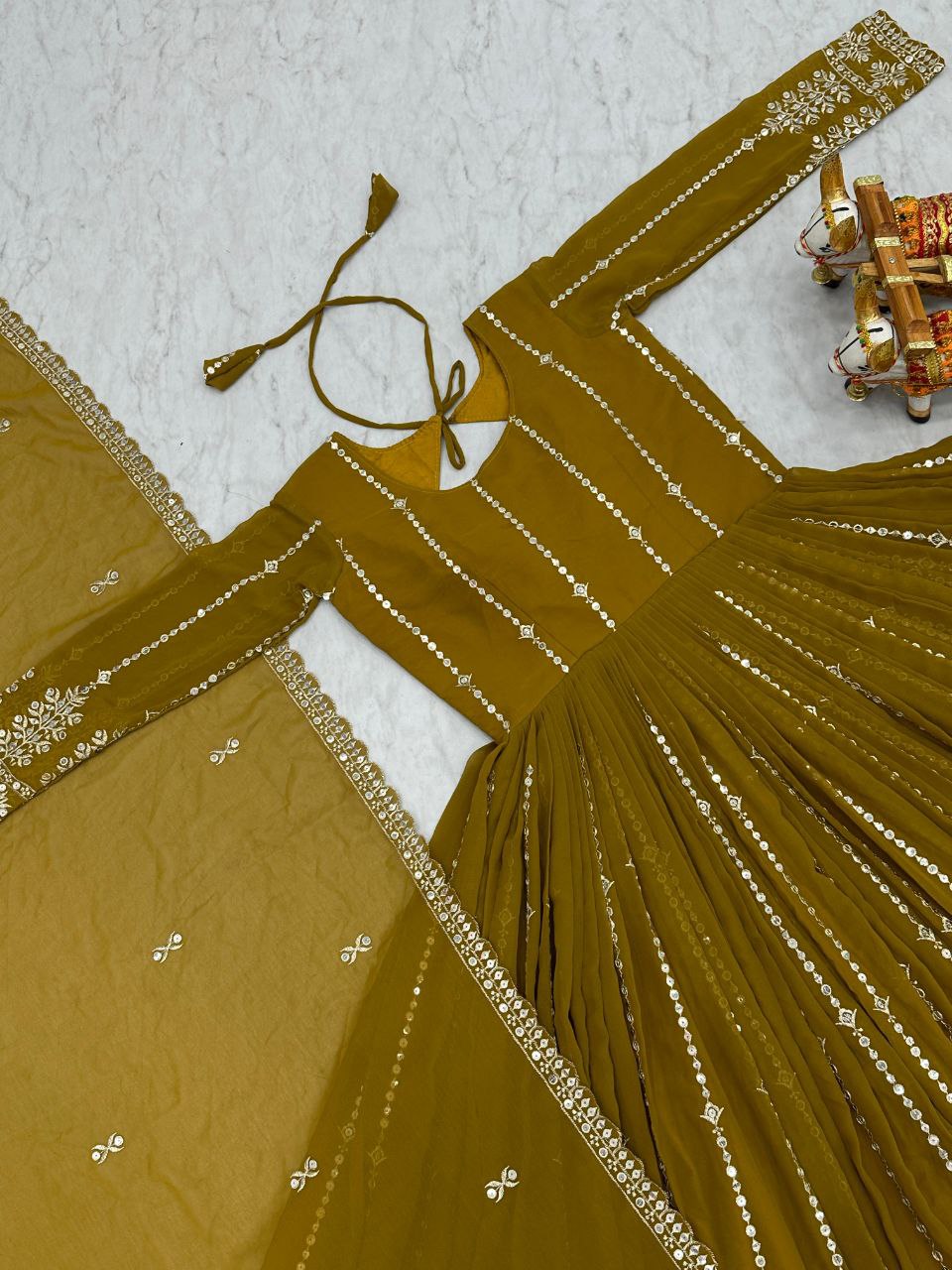 Designer Partywear Gown with Dupatta | Heavy Sequins Embroidery | Fox Georgette