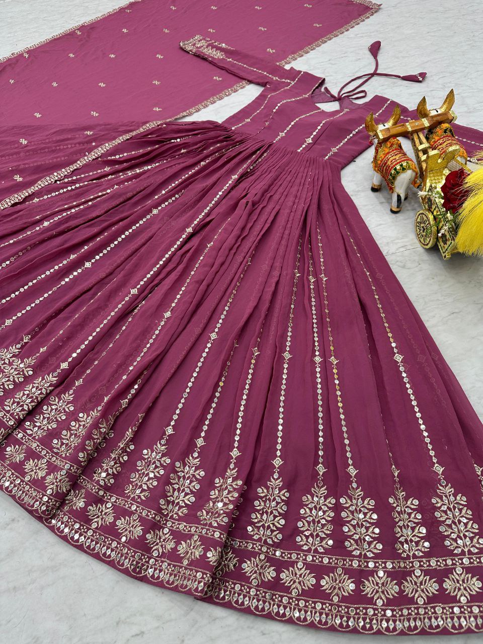 Designer Partywear Gown with Dupatta | Heavy Sequins Embroidery | Fox Georgette