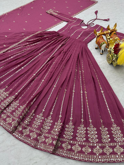Designer Partywear Gown with Dupatta | Heavy Sequins Embroidery | Fox Georgette