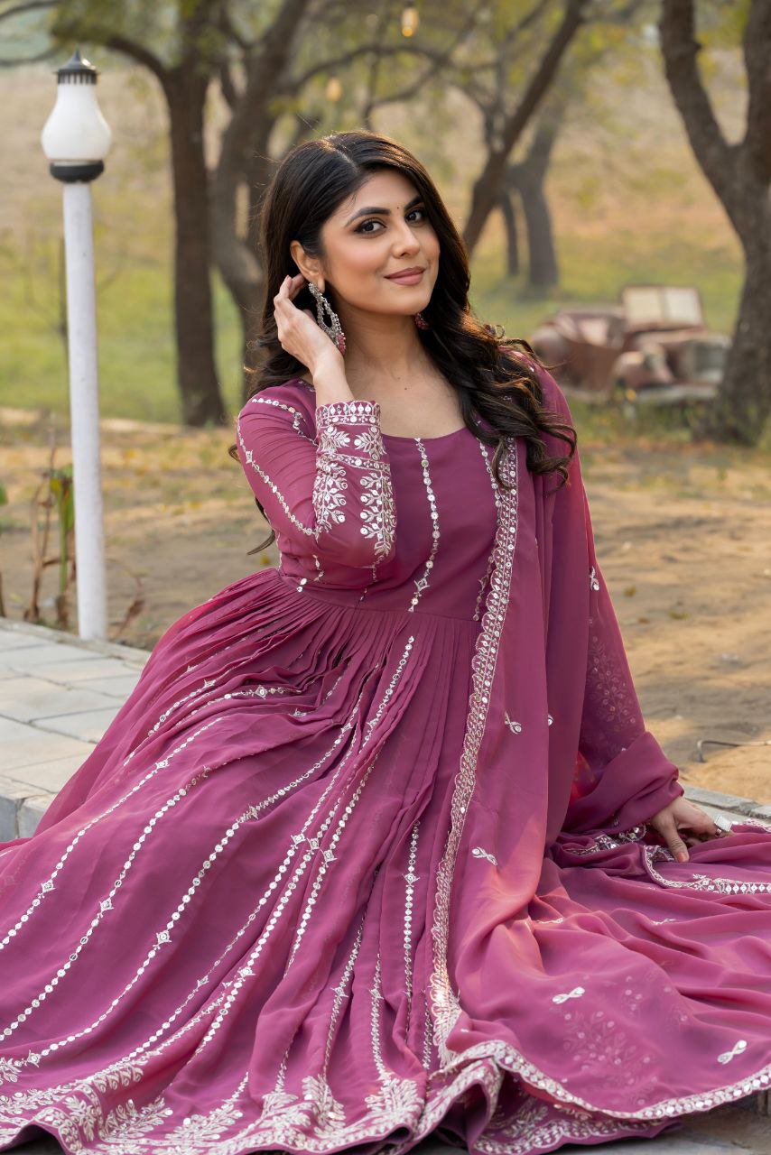 Designer Partywear Gown with Dupatta | Heavy Sequins Embroidery | Fox Georgette