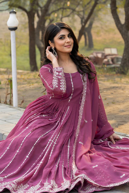 Designer Partywear Gown with Dupatta | Heavy Sequins Embroidery | Fox Georgette