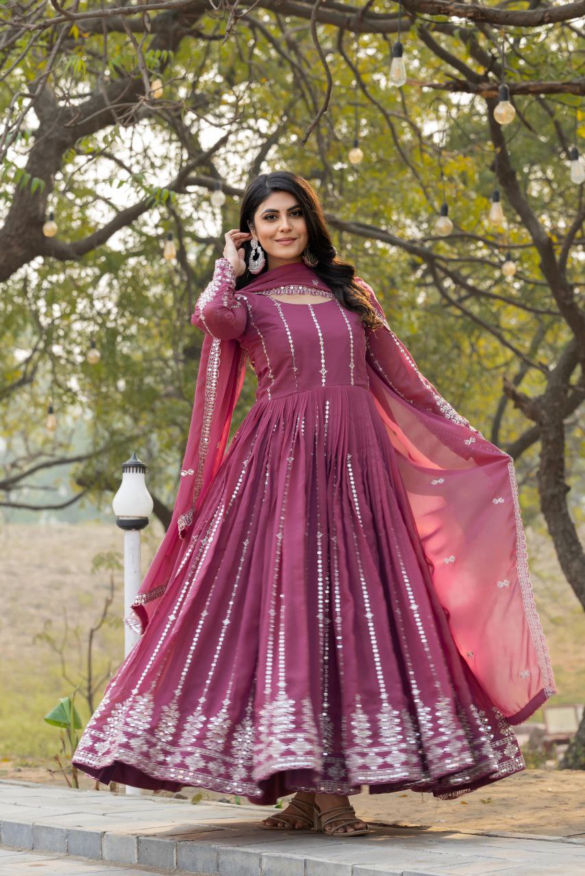 Designer Partywear Gown with Dupatta | Heavy Sequins Embroidery | Fox Georgette