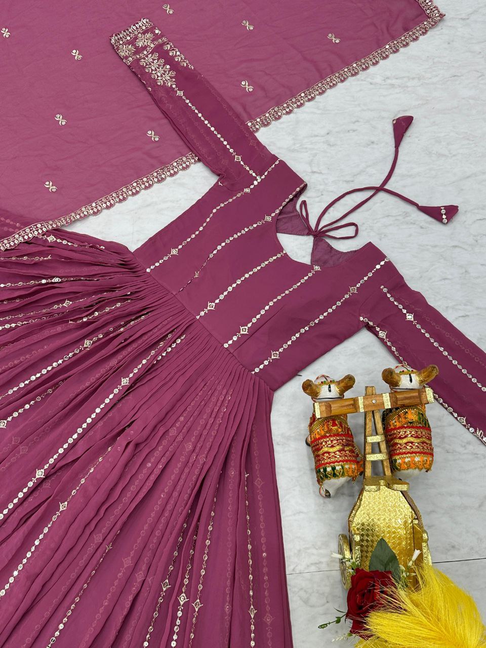 Designer Partywear Gown with Dupatta | Heavy Sequins Embroidery | Fox Georgette