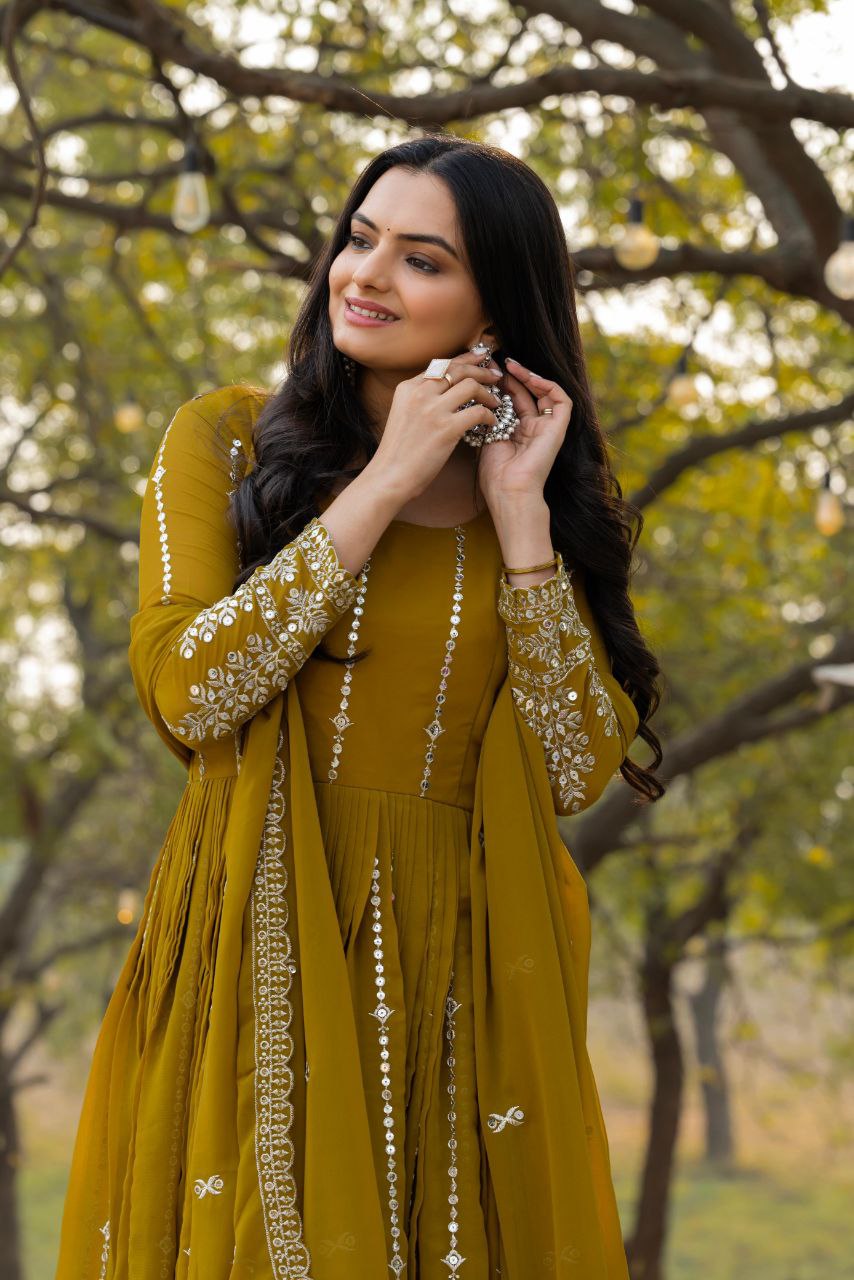 Designer Partywear Gown with Dupatta | Heavy Sequins Embroidery | Fox Georgette