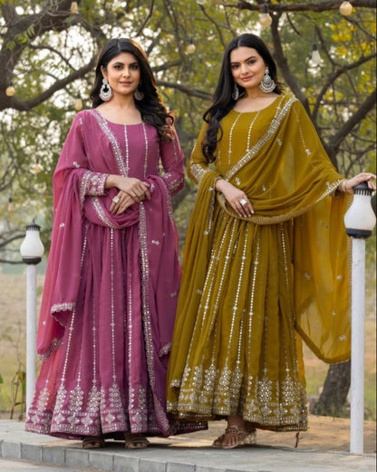 Designer Partywear Gown with Dupatta | Heavy Sequins Embroidery | Fox Georgette
