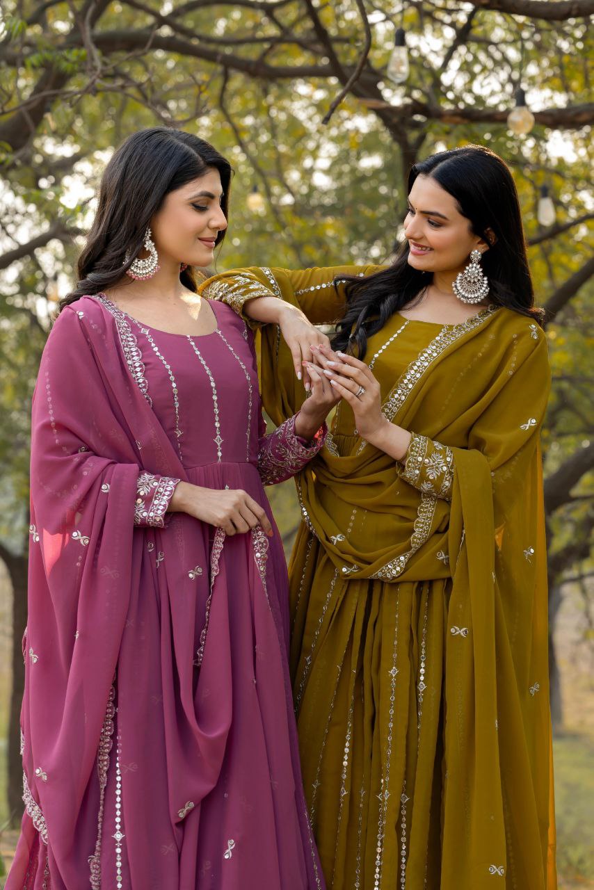 Designer Partywear Gown with Dupatta | Heavy Sequins Embroidery | Fox Georgette