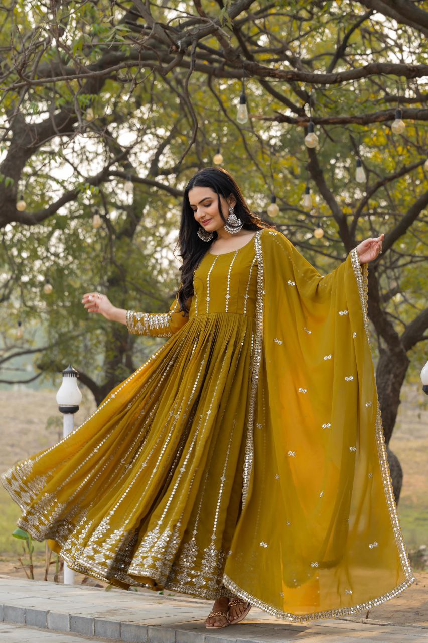 Designer Partywear Gown with Dupatta | Heavy Sequins Embroidery | Fox Georgette  