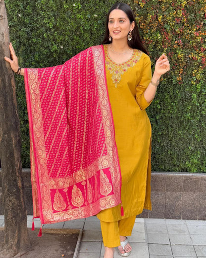 Designer Yellow Kurti Pant Dupatta Set | Premium Roman Silk | Handwork Embroidery