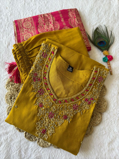 Designer Yellow Kurti Pant Dupatta Set | Premium Roman Silk | Handwork Embroidery