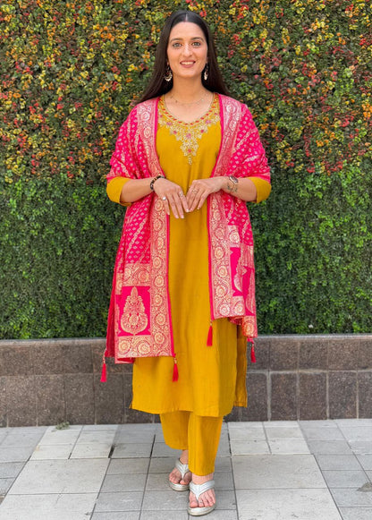 Designer Yellow Kurti Pant Dupatta Set | Premium Roman Silk | Handwork Embroidery