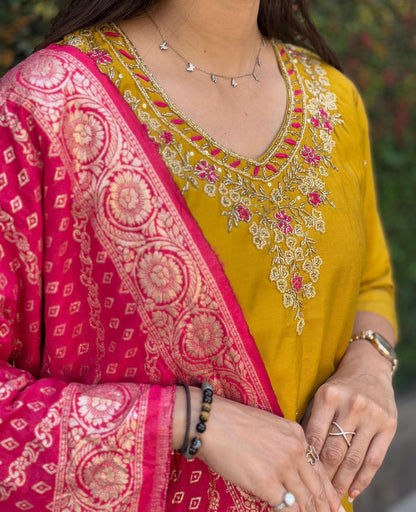 Designer Yellow Kurti Pant Dupatta Set | Premium Roman Silk | Handwork Embroidery