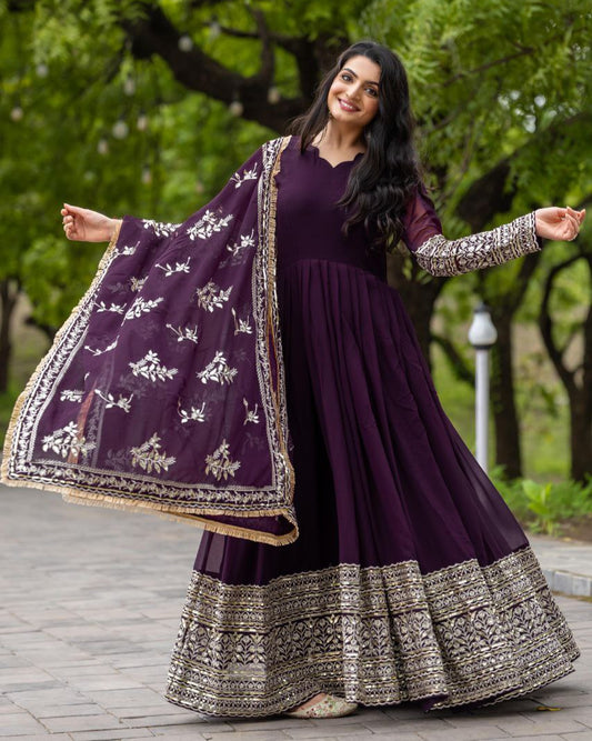 Designer Party Wear Gown with Dupatta | Heavy Embroidery & Sequence Work
