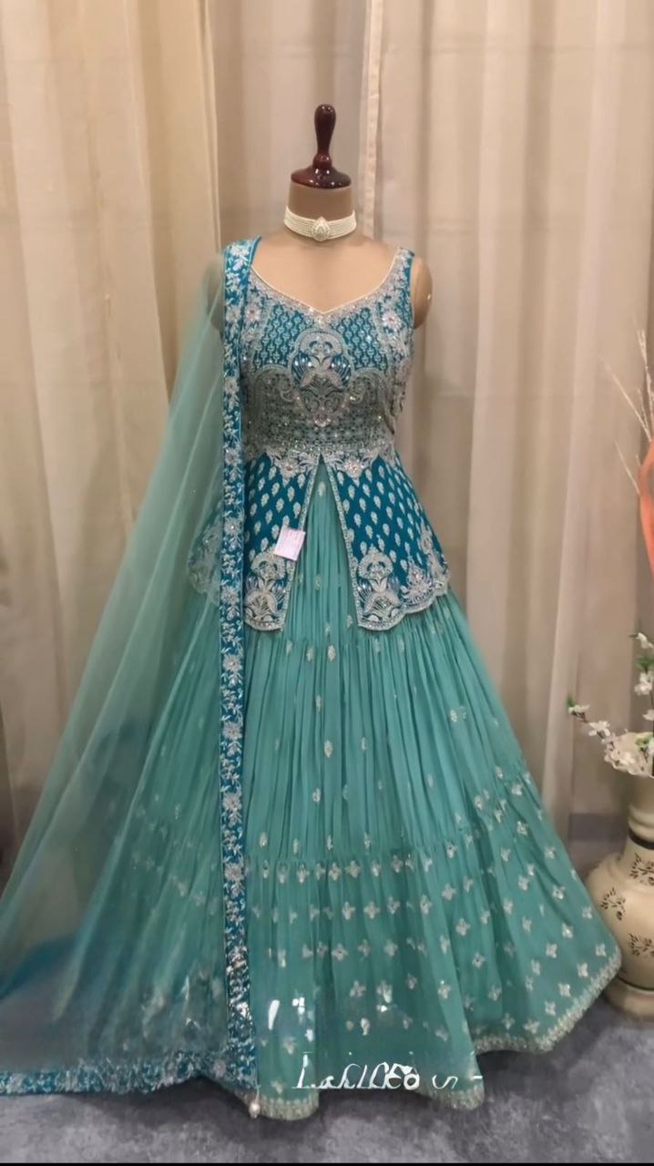 Bridal Indo Western Lehenga Choli with Chine Stitch & Mirror Work | Party Wear Lehenga Choli