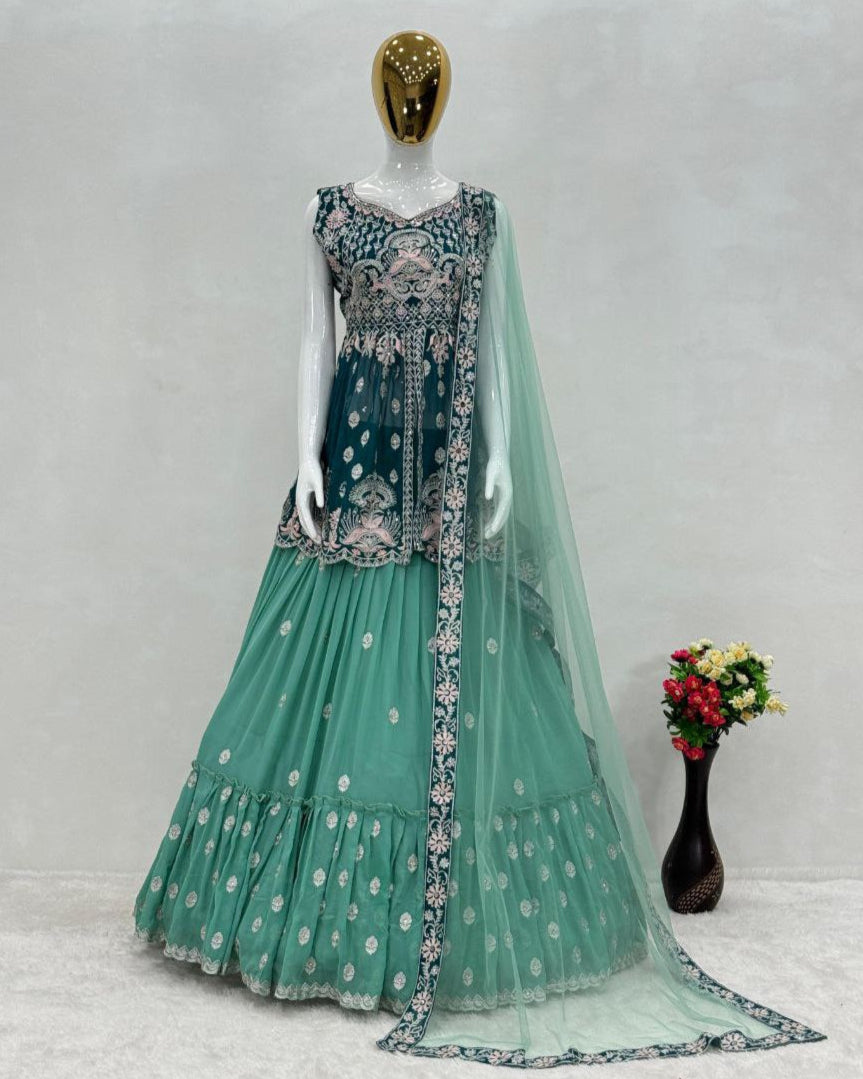 Bridal Indo Western Lehenga Choli with Chine Stitch & Mirror Work | Party Wear Lehenga Choli