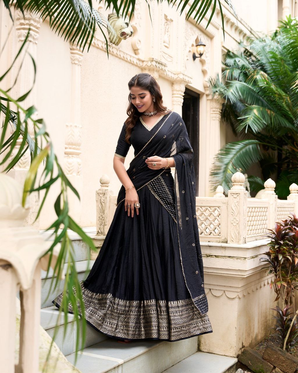 Chanderi Lehenga Choli with Zari Work Border & Sequin Dupatta