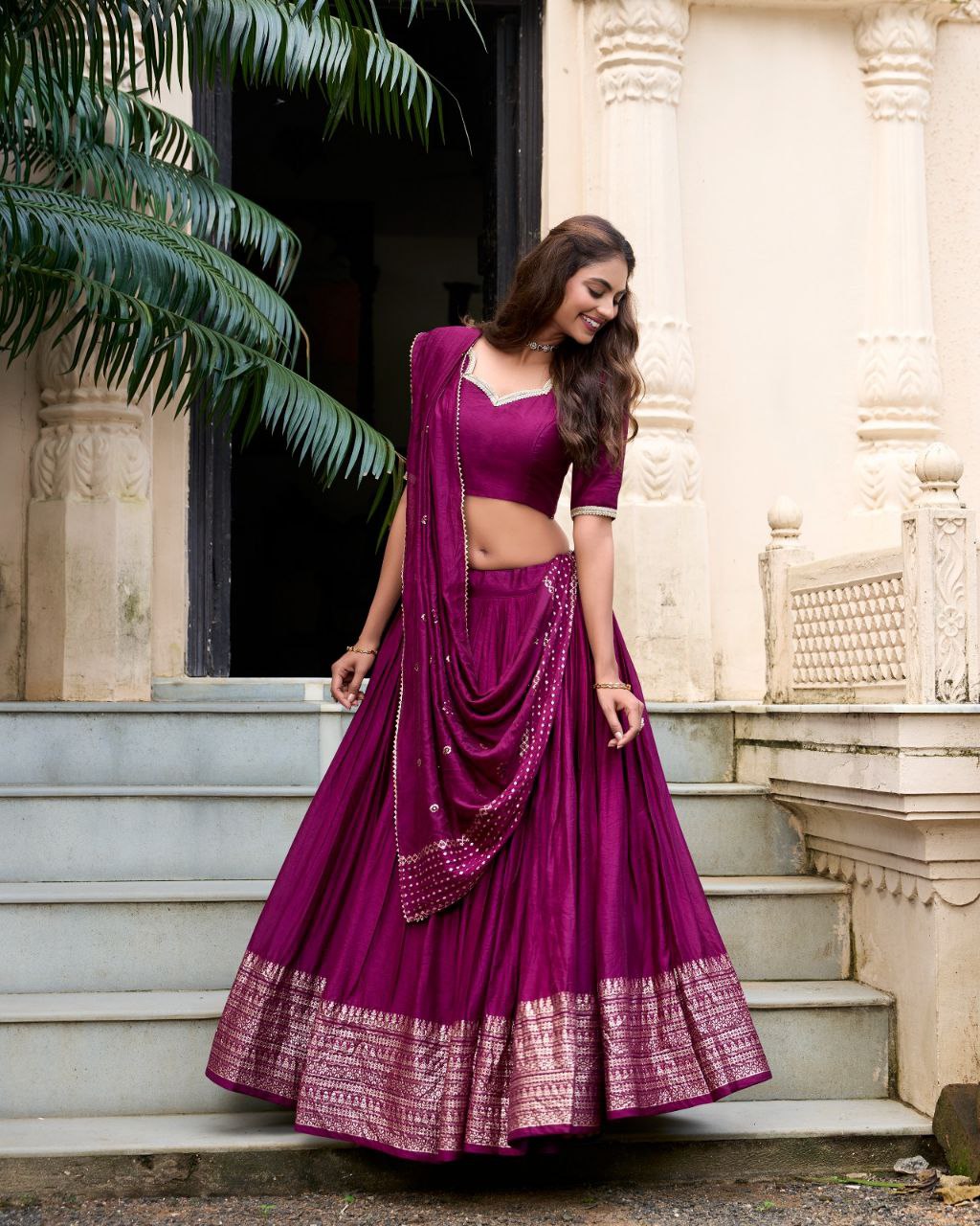 Chanderi Lehenga Choli with Zari Work Border & Sequin Dupatta
