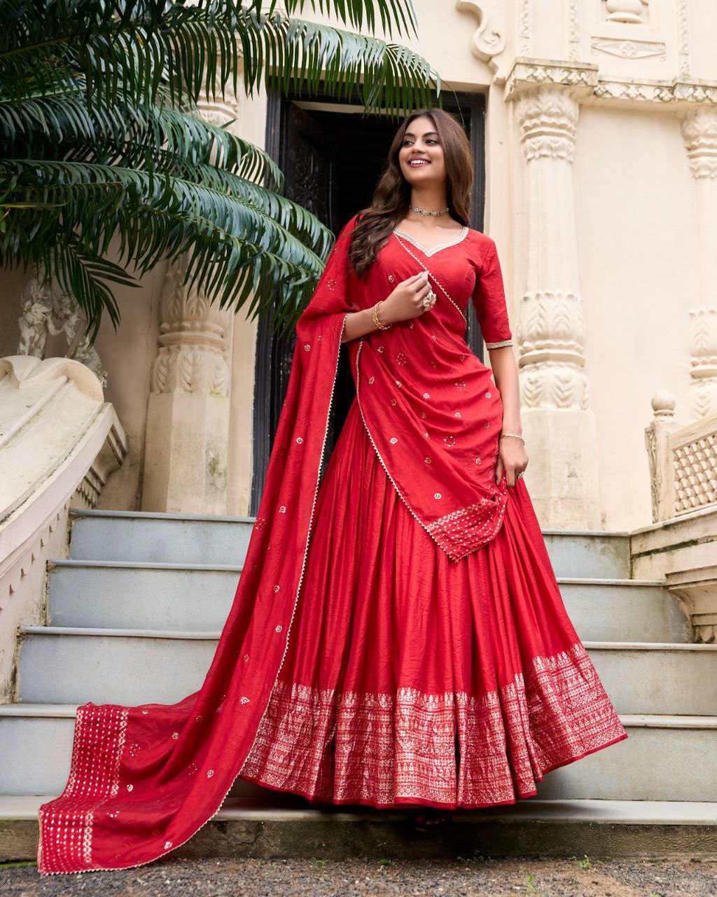 Chanderi Lehenga Choli with Zari Work Border & Sequin Dupatta
