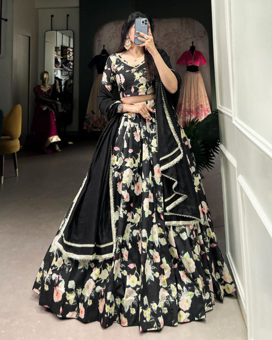 Designer Tussar Silk Floral Print Lehenga Choli For Weddings & Parties