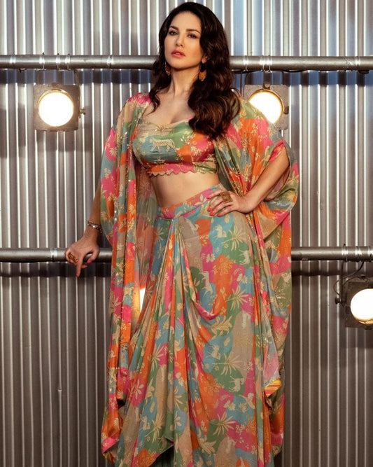 Designer Crepe Silk Western Set | Printed & Mirror Work Koti, Blouse & Stitched Bottom