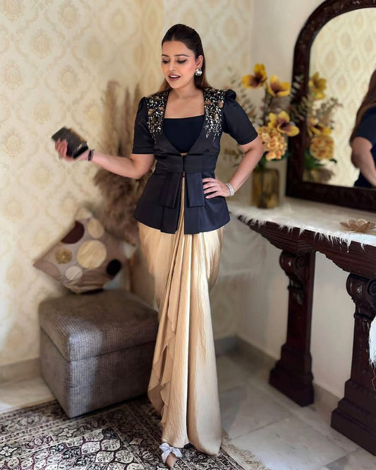 Trendy Three-Piece Western Outfit | Tube Blouse, Dhoti & Blazer for Wedding Season